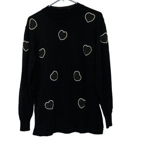 Womens Black Pullover Sweater Long Sleeve Knitted White Heart Embellishments Med